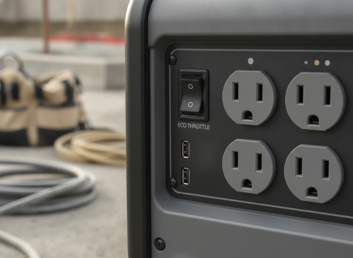 A close view of a compact inverter generator's control face showing the eco throttle switch, household outlets, and USB ports.