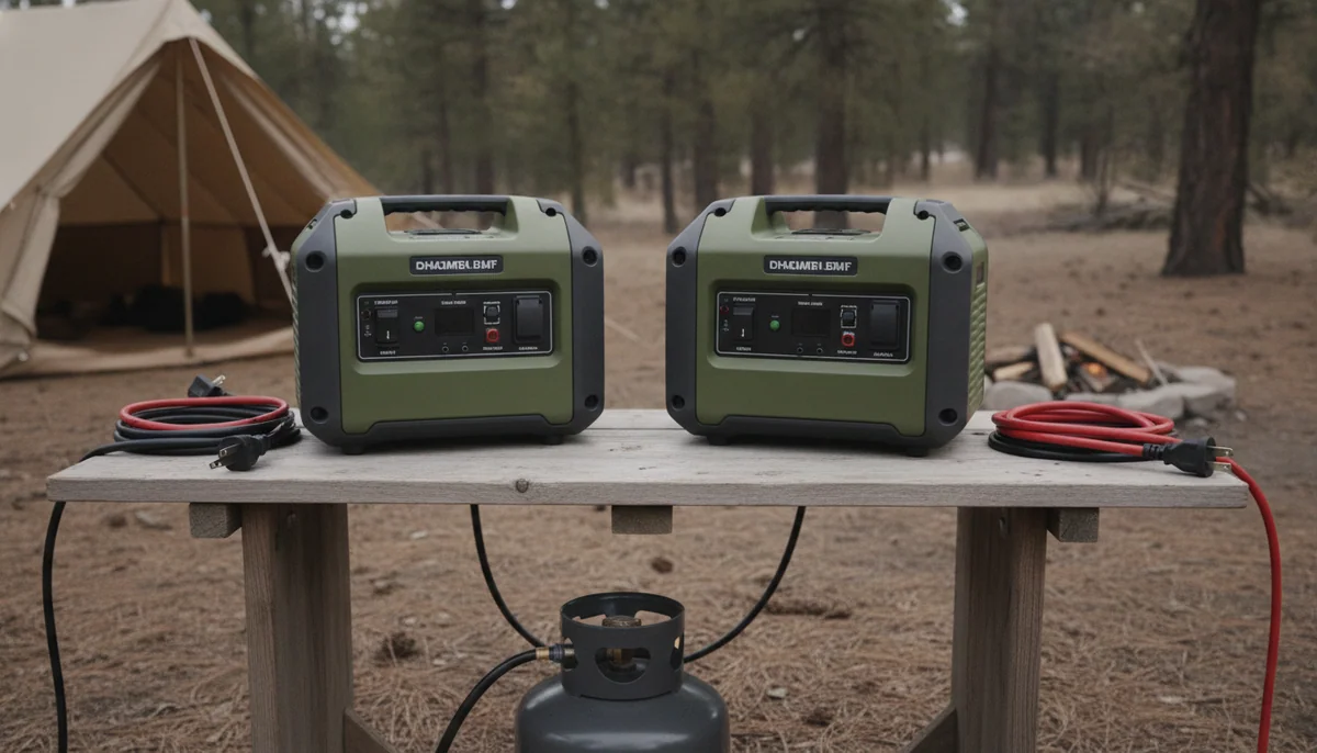 Two compact dual fuel inverter generators sitting side by side on a campsite table with cords coiled beside them.