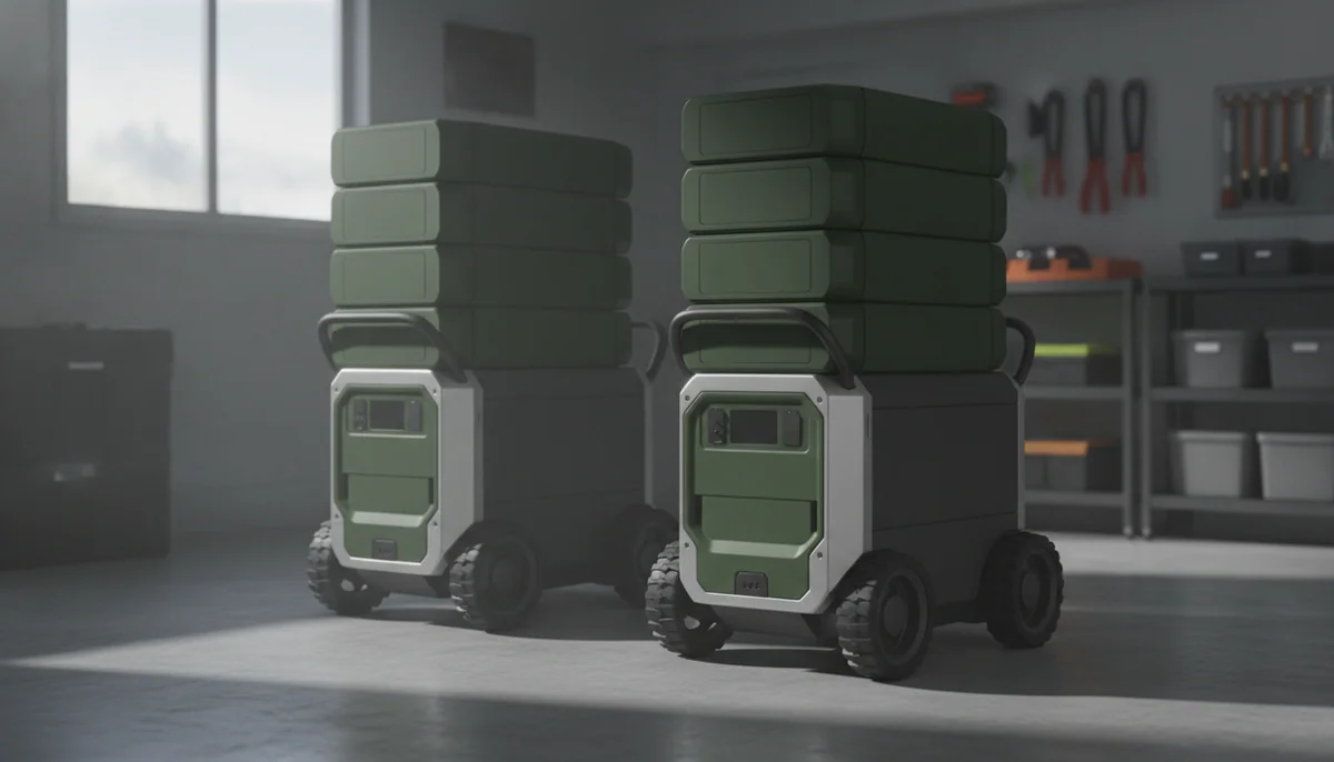 Two large wheeled home battery power stations standing side by side in a garage with expansion batteries stacked behind each one.