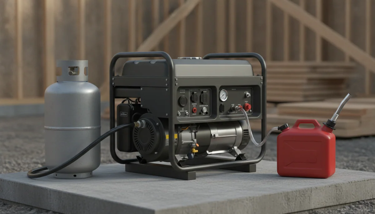 A dual fuel generator on a concrete pad with a propane tank standing beside it and a gasoline can on the other side, one hose already connected.