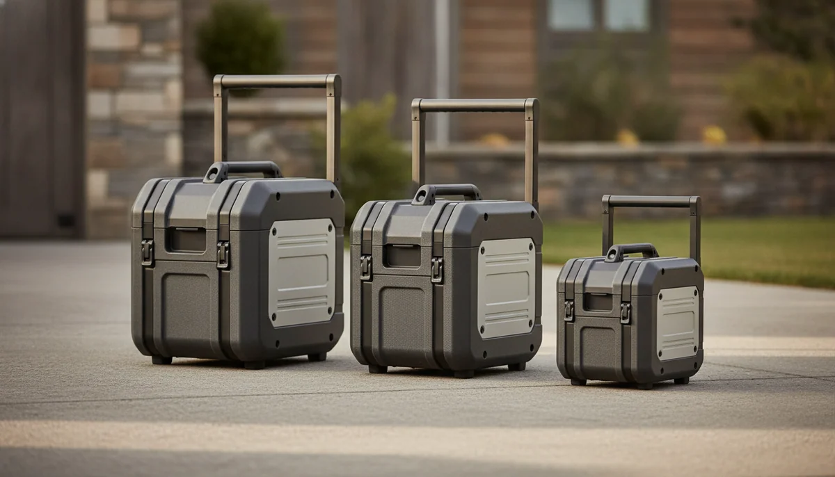 Three closed-case inverter generators of different sizes lined up on a driveway with their handles up and covers latched.