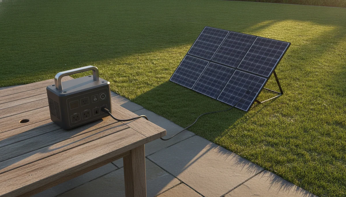 A battery power station sitting on a patio table with a folding solar panel angled toward the sun on the lawn behind it and a cable running between them.