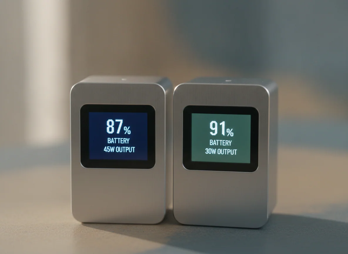 The two compact units' front panels close together, each screen lit with a battery percentage and output number.