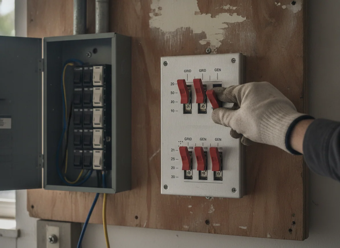 A hand flipping circuit levers on a manual transfer switch panel mounted next to the breaker box in a garage.