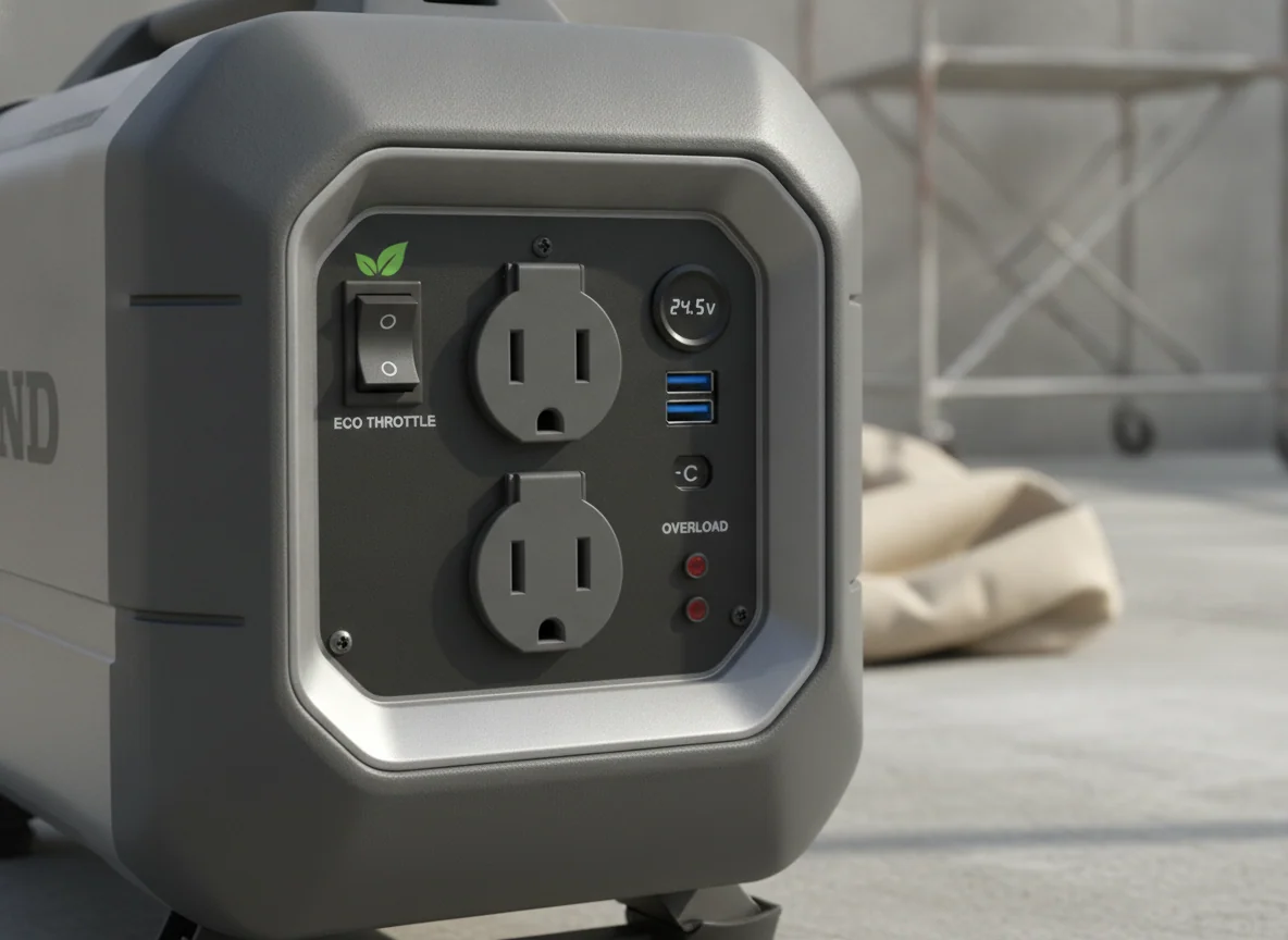 A close view of a compact inverter generator's control face showing the eco throttle switch, household outlets, and USB ports.