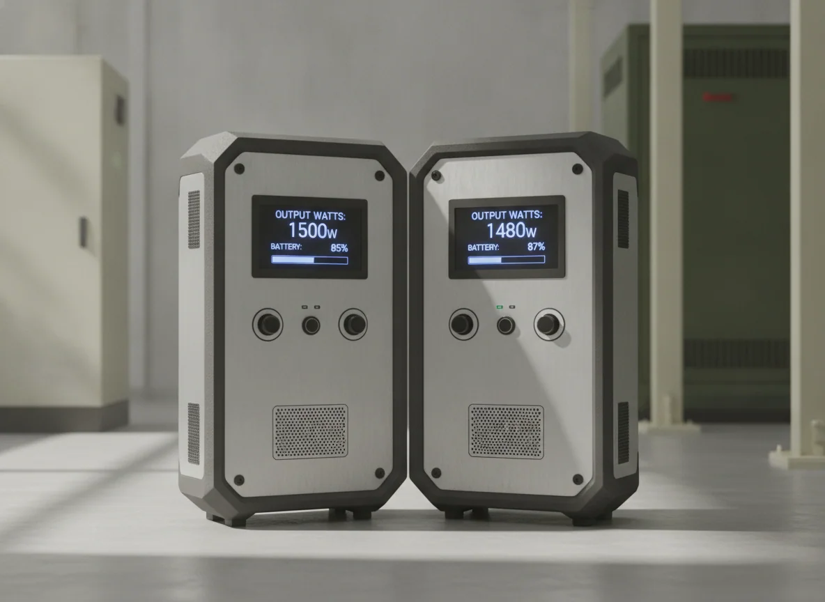 The two power stations' front panels close together, each screen showing output watts and a battery percentage.