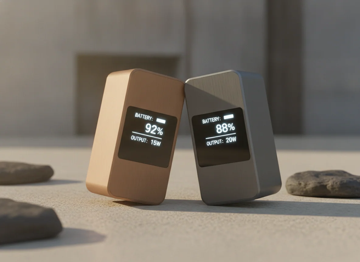 The two compact units' front panels close together, each screen lit with a battery percentage and output number.