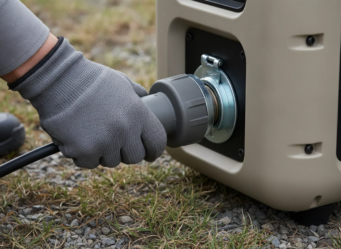 A round thirty-amp RV plug being twisted into a generator outlet, the locking ring half turned.
