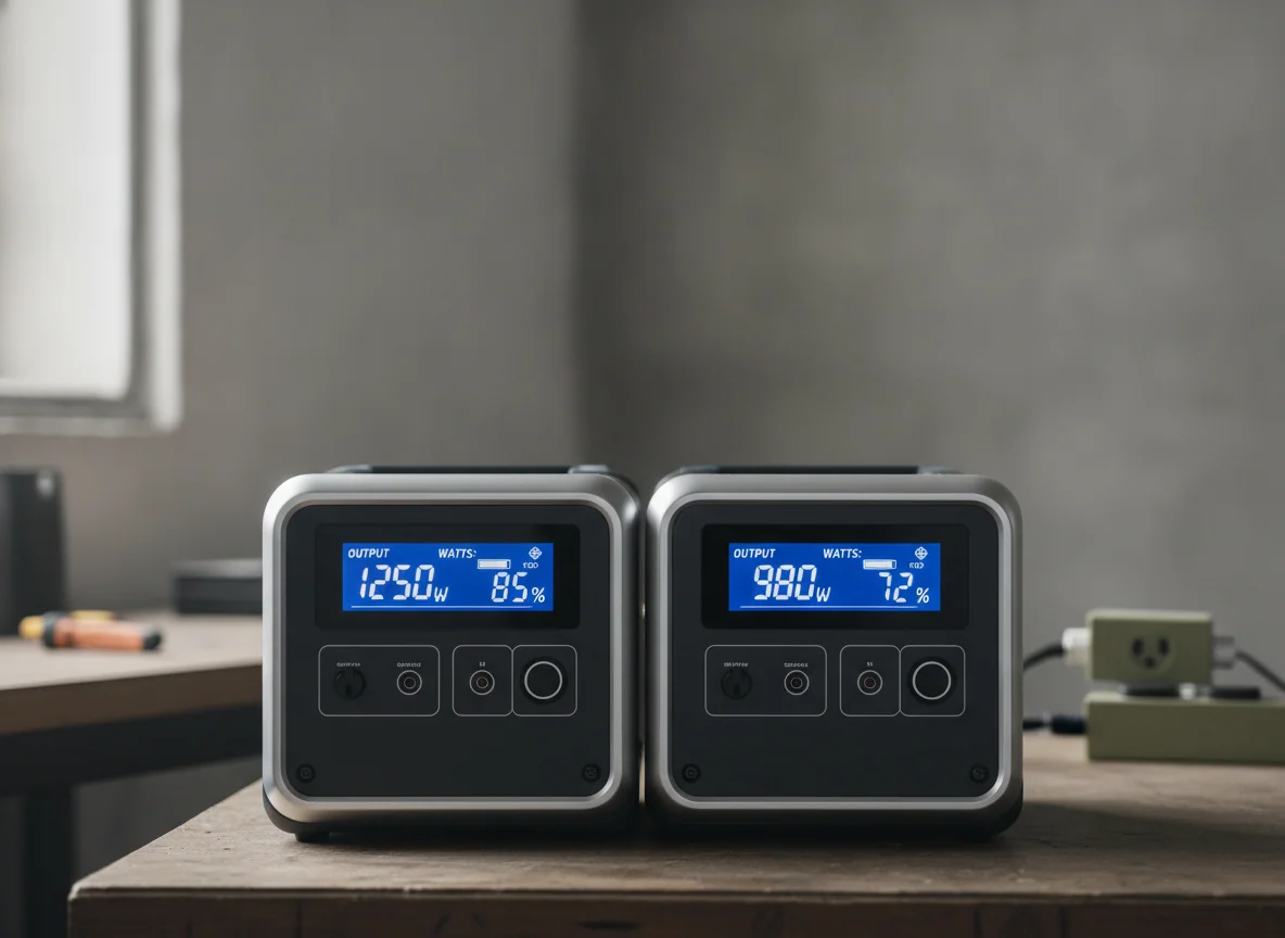The two power stations' front panels close together, each screen showing output watts and a battery percentage.