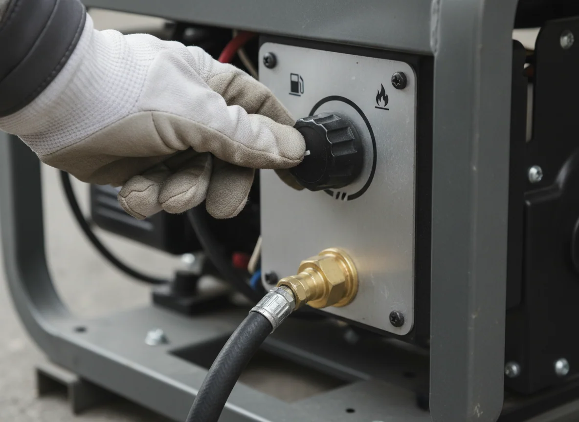 A hand turning the fuel selector knob on a generator panel between the gasoline and propane positions with the propane hose fitting screwed on below.