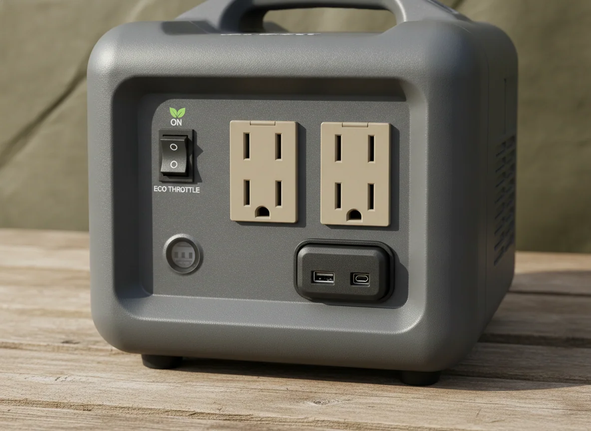 A close view of a compact inverter generator's control face showing the eco throttle switch, household outlets, and USB ports.