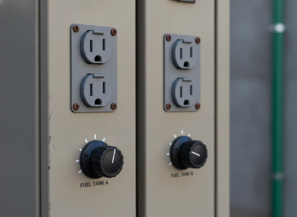 A close view of the two generators' fuel selector knobs and outlet panels side by side.