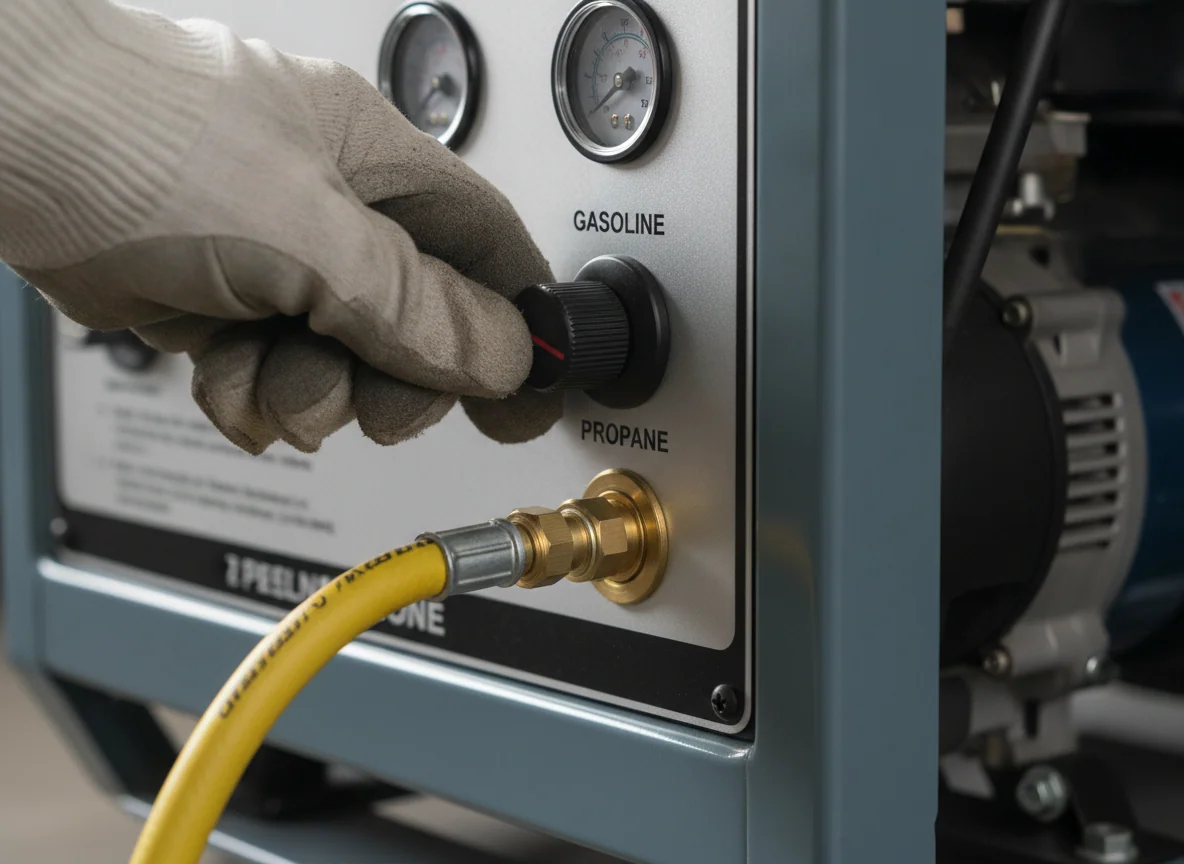 A hand turning the fuel selector knob on a generator panel between the gasoline and propane positions with the propane hose fitting screwed on below.