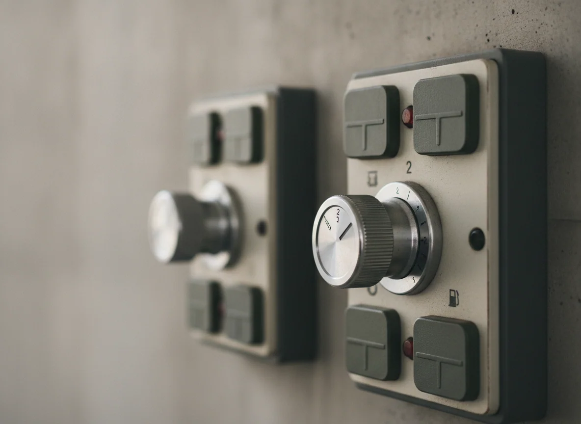 A close view of the two generators' fuel selector knobs and outlet panels side by side.