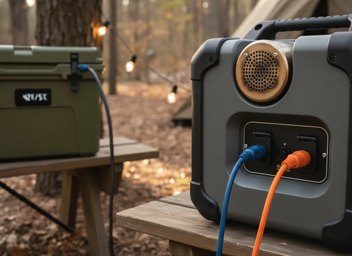 A close view of a compact generator's muffler side and enclosed case while a string of camp lights and a cooler run from its outlets.