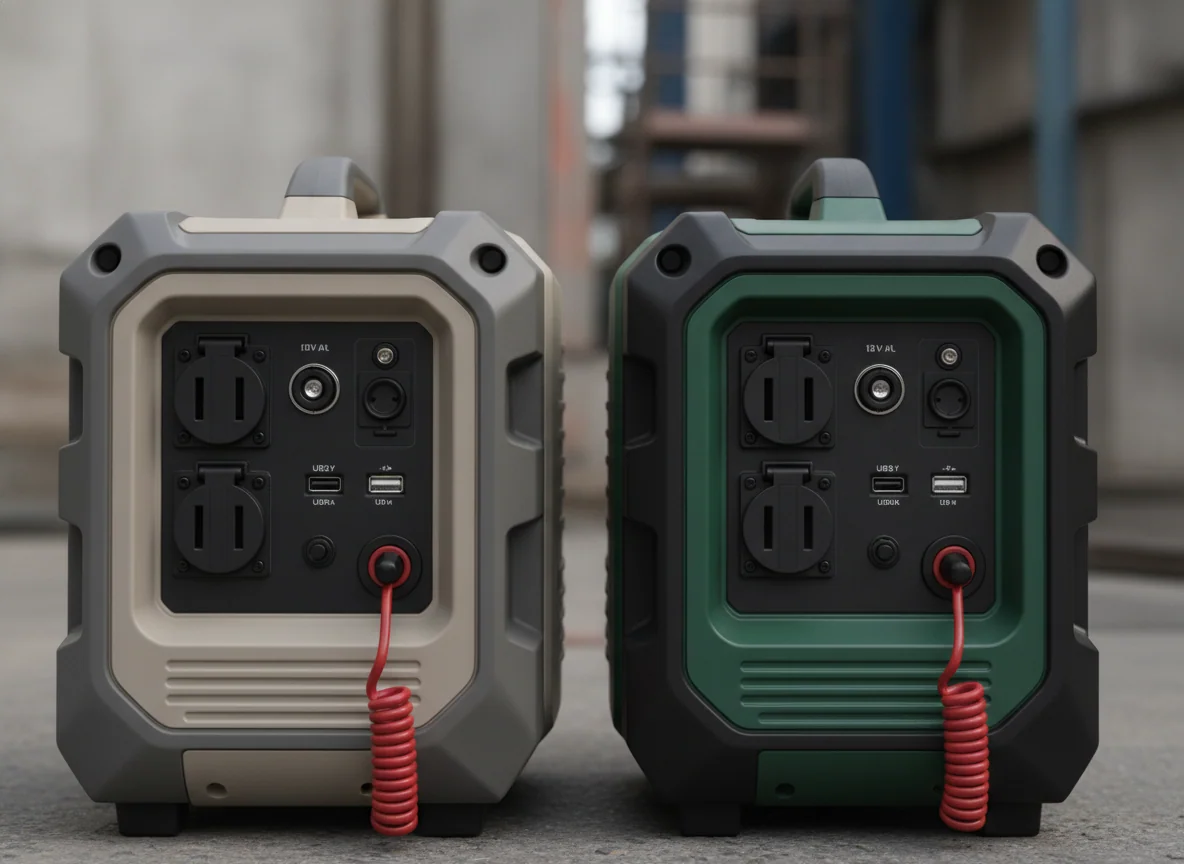 The two small generators' faces together showing their outlets, USB ports, and pull start handles.