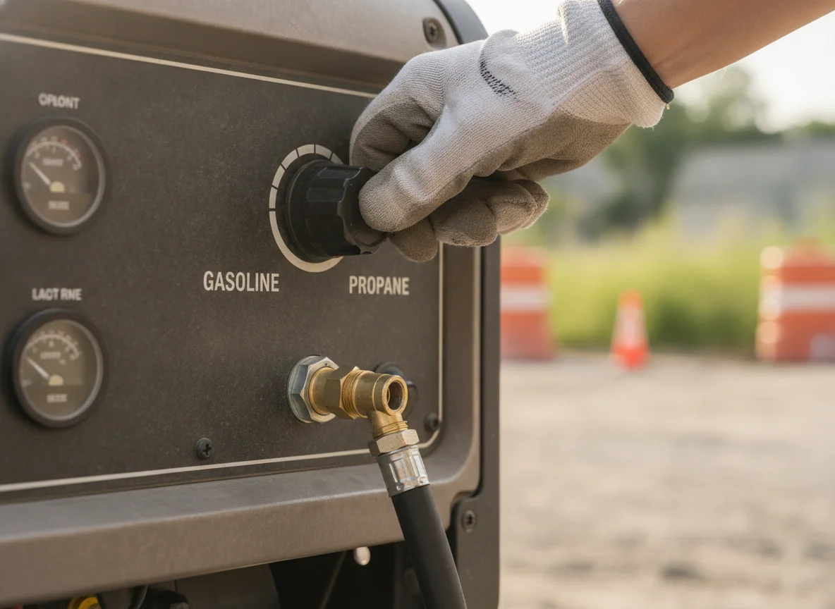 A hand turning the fuel selector knob on a generator panel between the gasoline and propane positions with the propane hose fitting screwed on below.