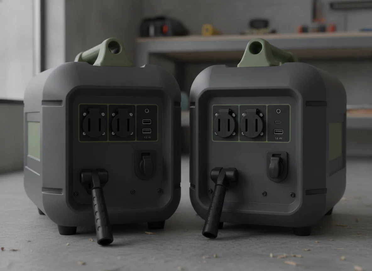 The two small generators' faces together showing their outlets, USB ports, and pull start handles.