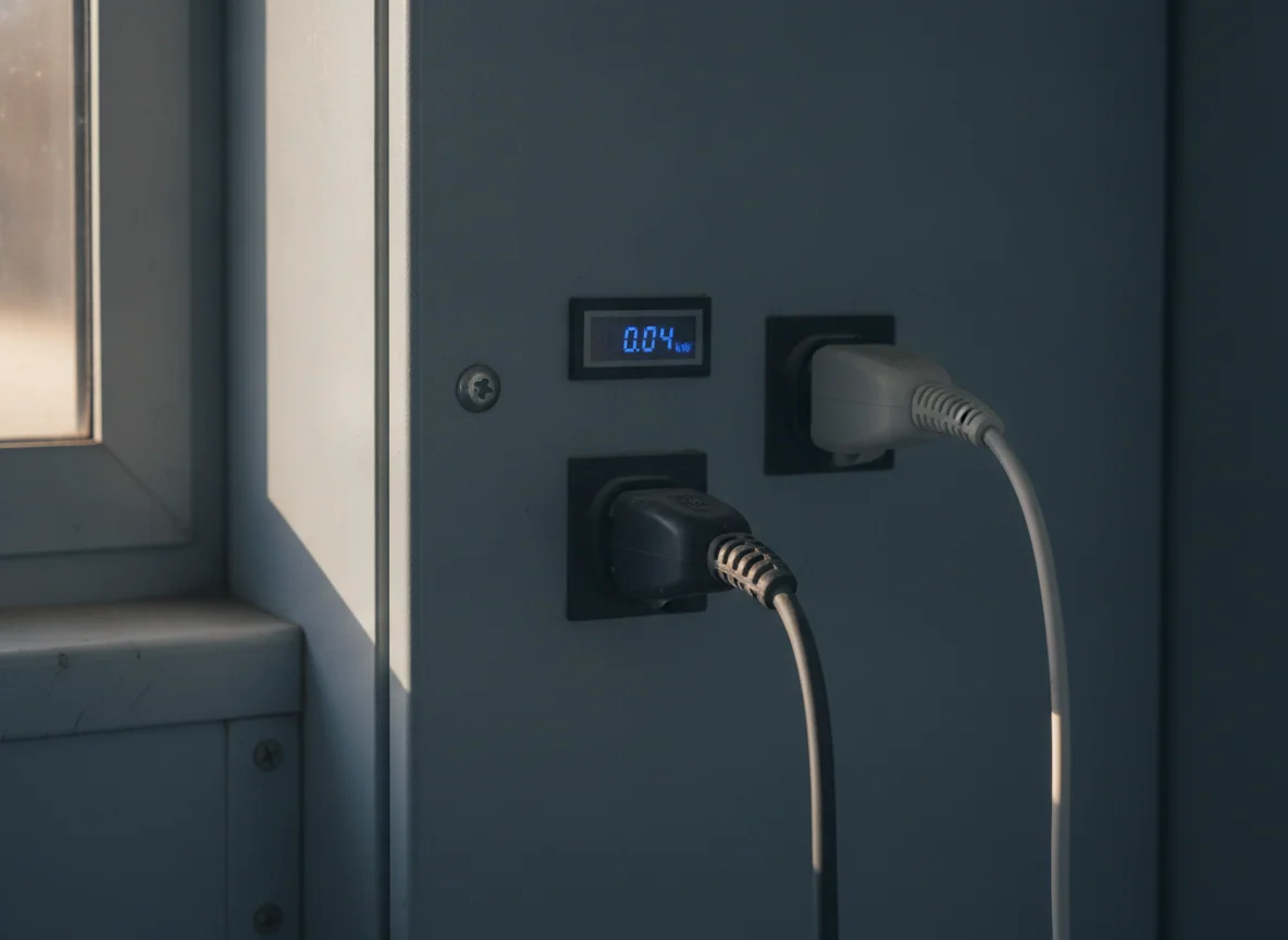 The outlet panel of a power station with a CPAP cord and a medical device cord both plugged in and the screen showing a low steady wattage.