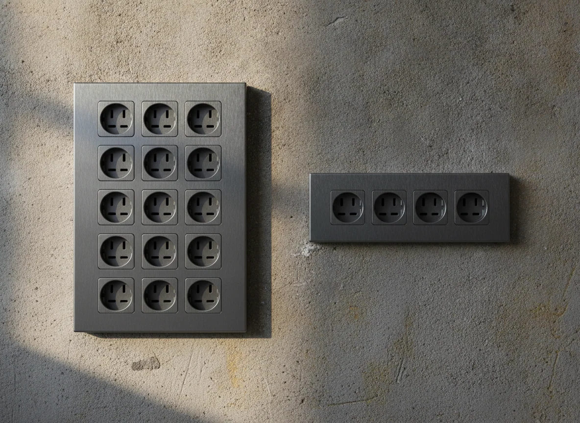A close view of both units' outlet panels together, the larger one with more sockets and the smaller with a simple row.