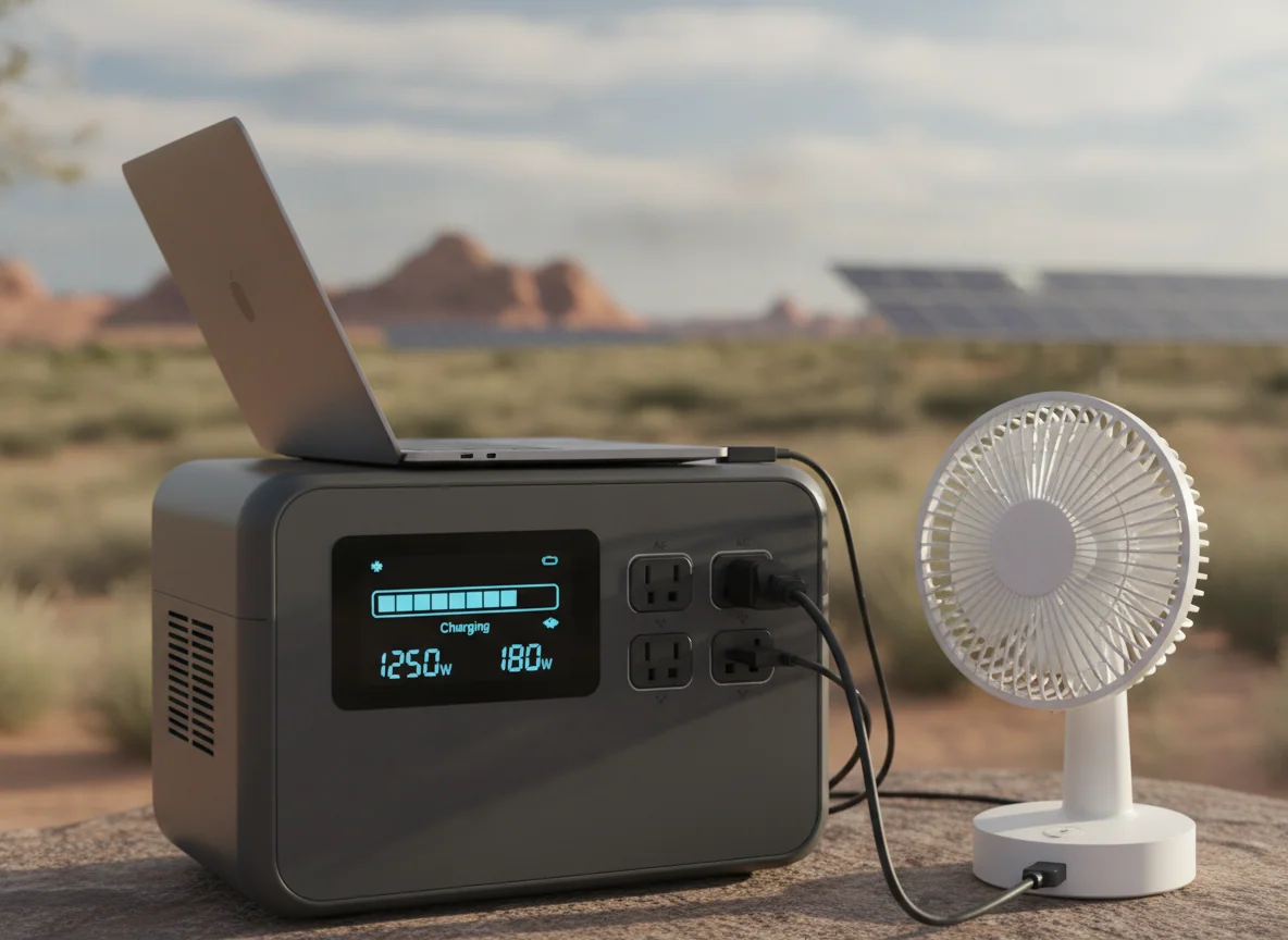 The front screen of a solar power station showing a charging bar and watt numbers while a laptop and a fan plug into its outlets.