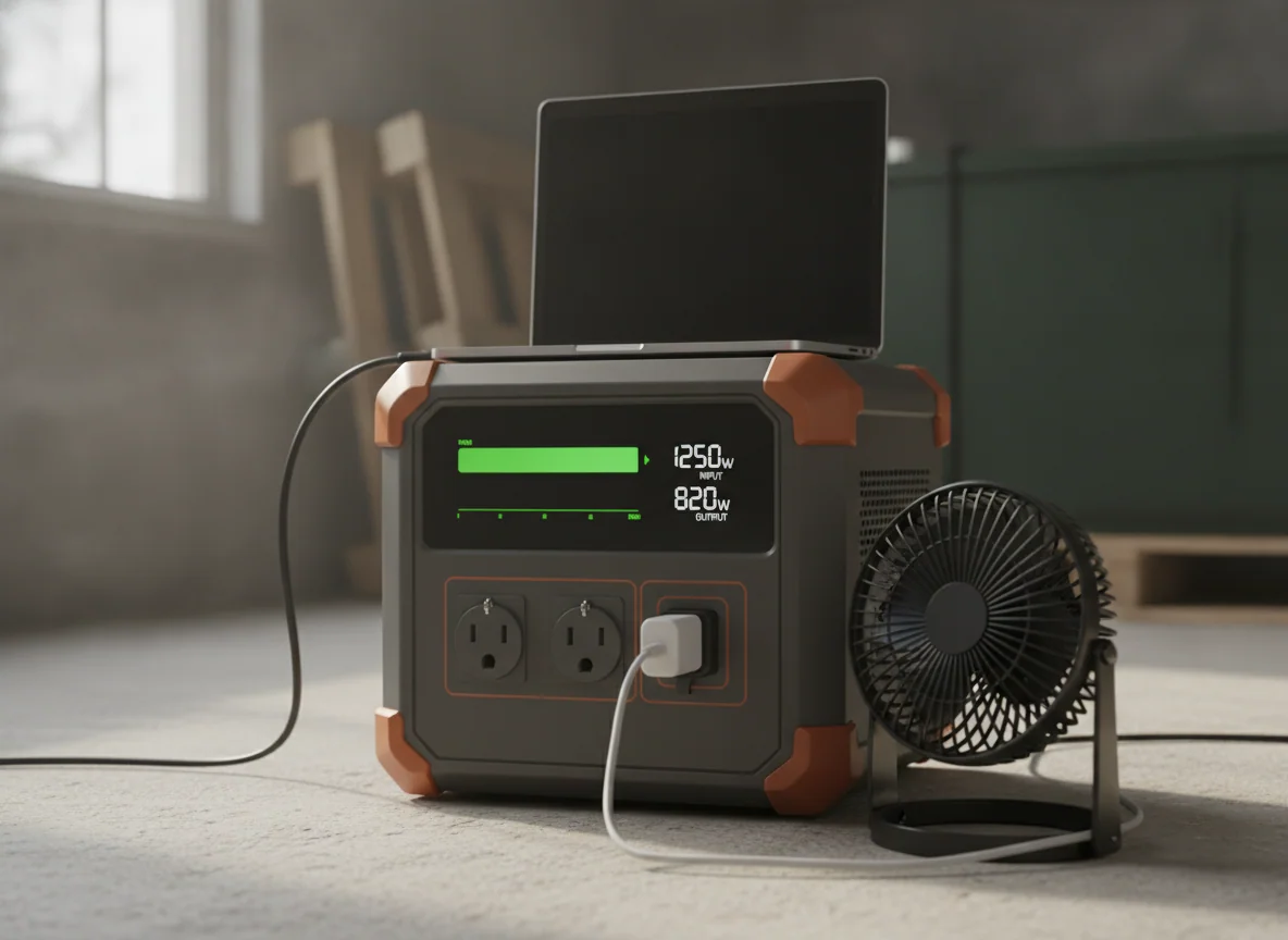 The front screen of a solar power station showing a charging bar and watt numbers while a laptop and a fan plug into its outlets.