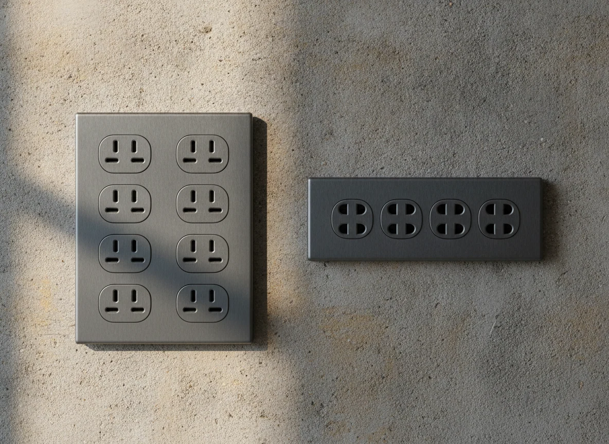 A close view of both units' outlet panels together, the larger one with more sockets and the smaller with a simple row.