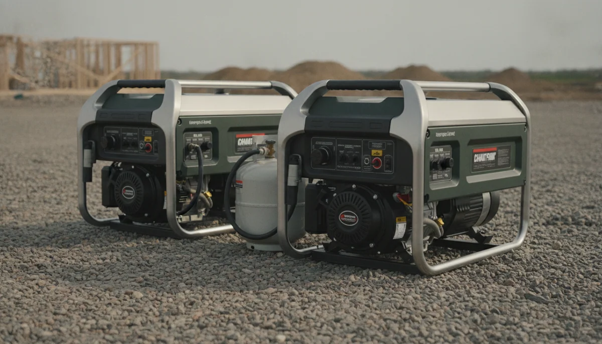 Two mid size dual fuel inverter generators standing together on a gravel pad with one propane tank set between them.