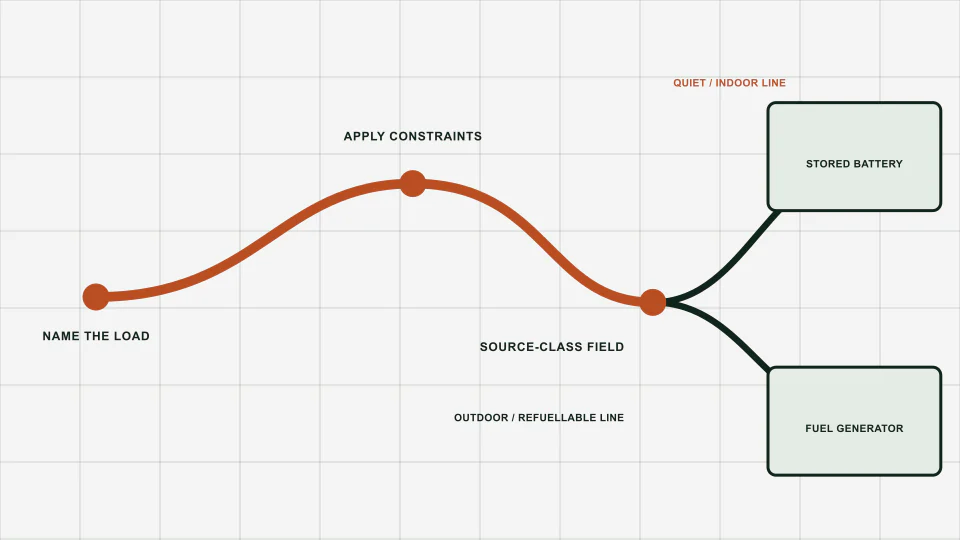 A field map connecting a named load with duration, setting, and recovery questions before source selection.
