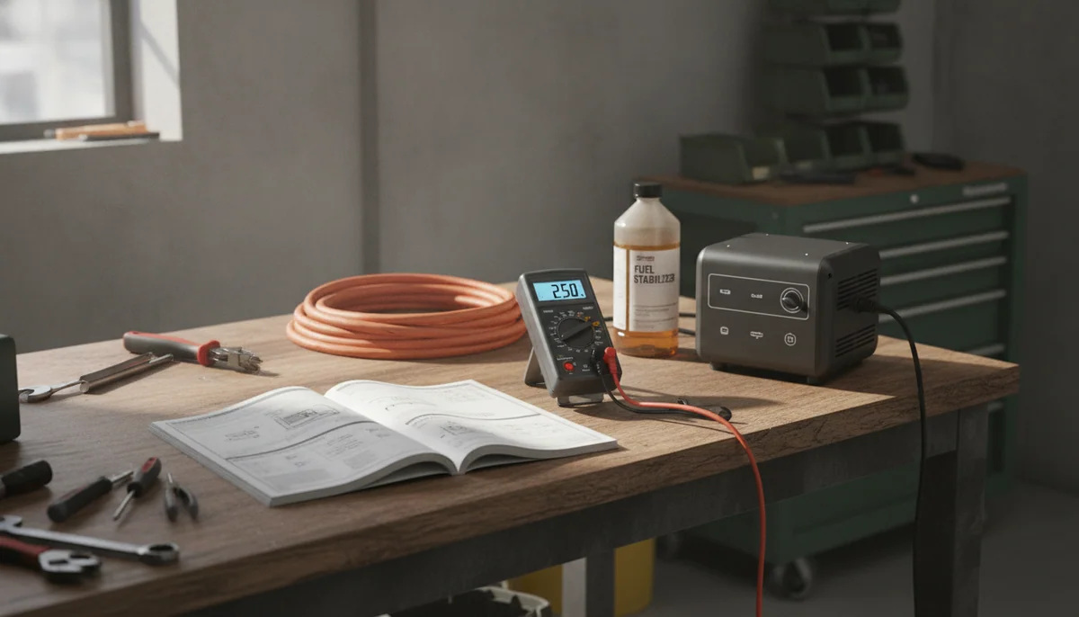 A workbench with a generator manual open beside a multimeter, an extension cord, a fuel stabilizer bottle, and a small power station.