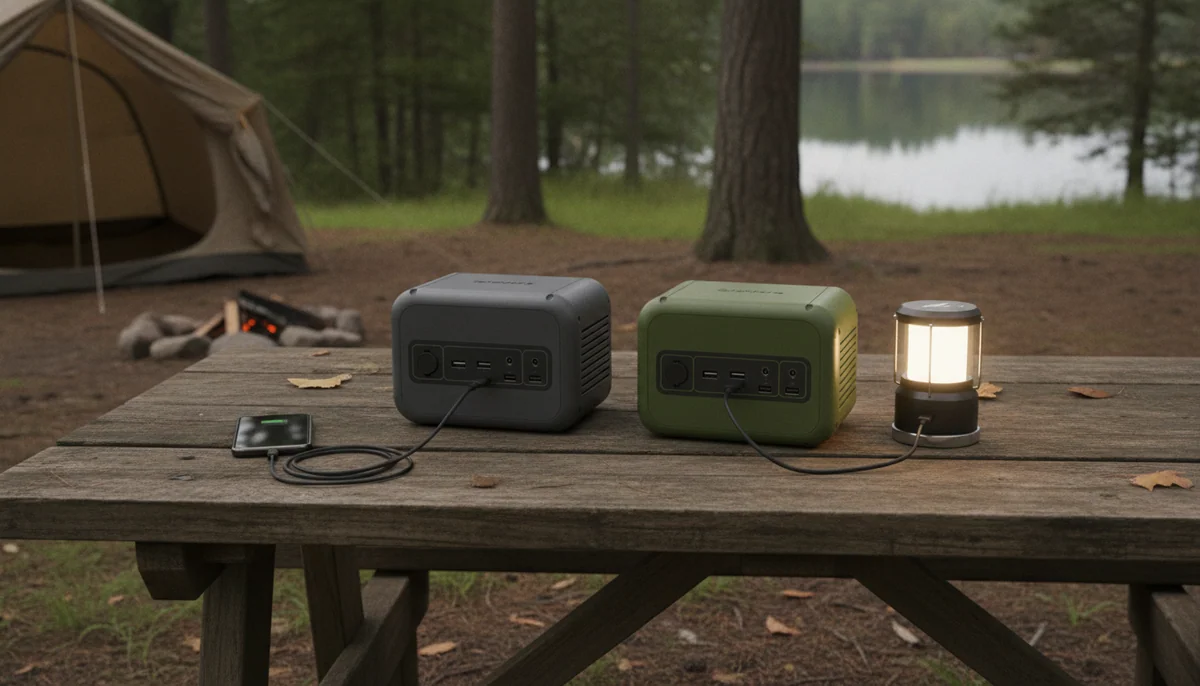 Two small portable power stations set side by side on a picnic table at a campsite with a phone and a lamp waiting to be plugged in.